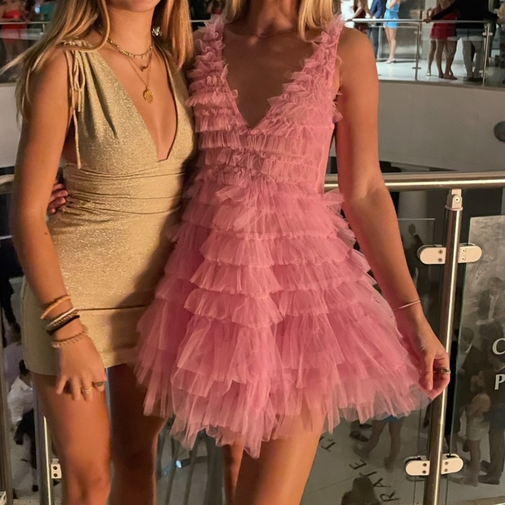 Pink ruffle tiered mini dress